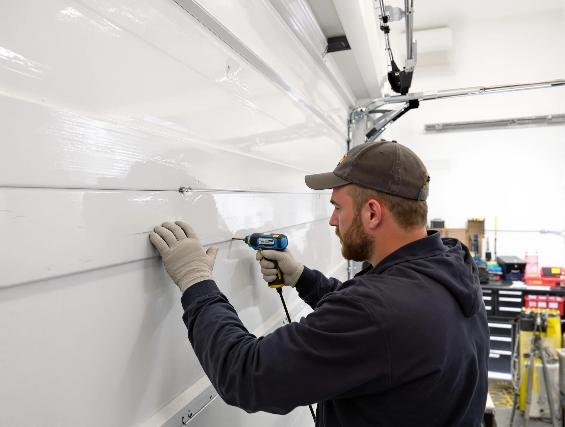 Staten Island Garage Door Repair technician demonstrating precision dent removal techniques on a Staten Island garage door