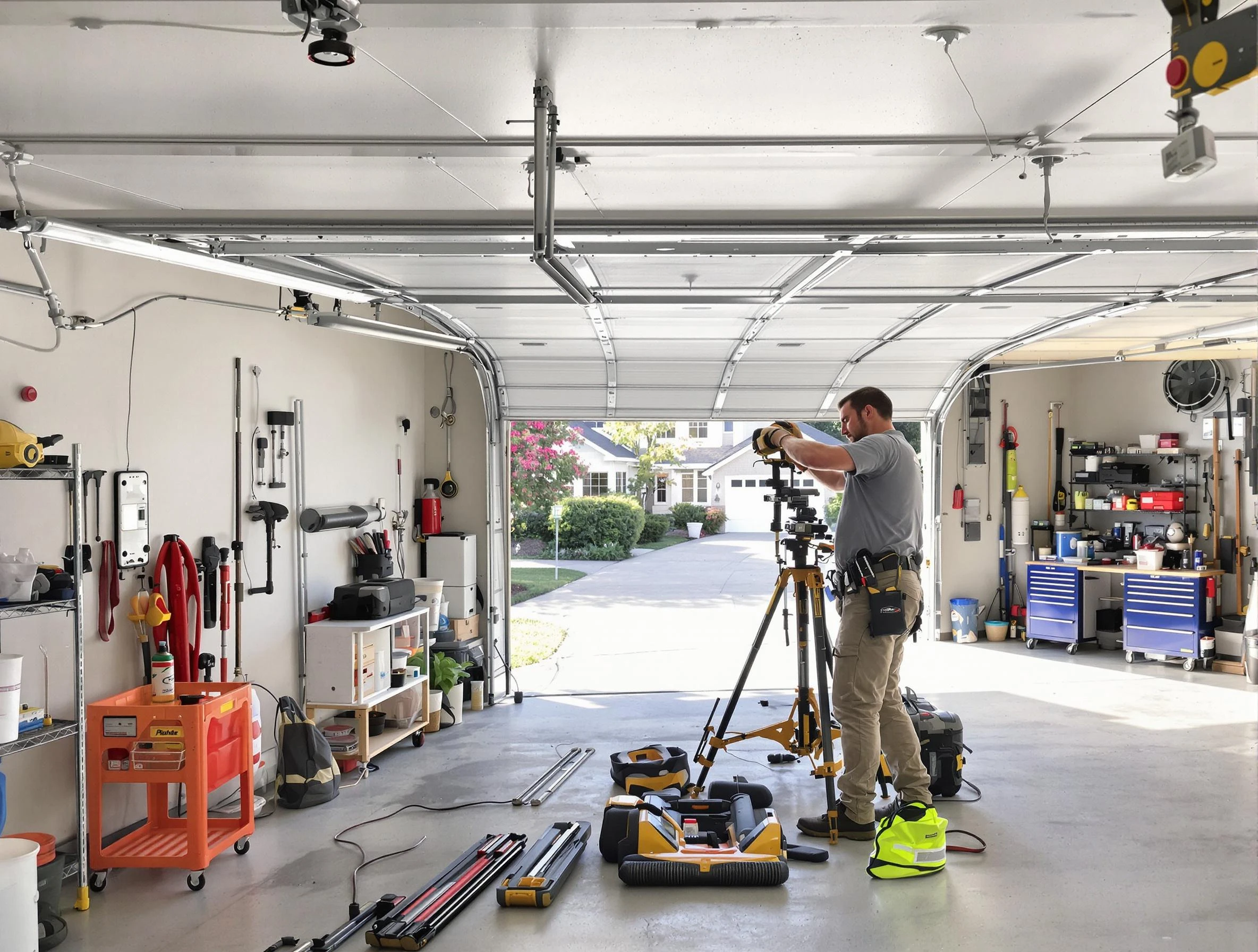 Staten Island Garage Door Repair specialist performing laser-guided track alignment in Staten Island
